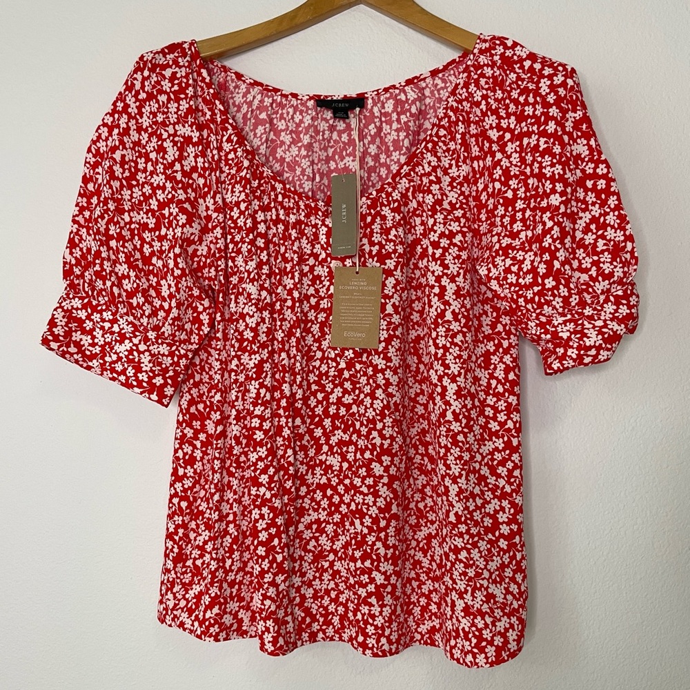 J.Crew Re-imagined Red with White Flower Top XS